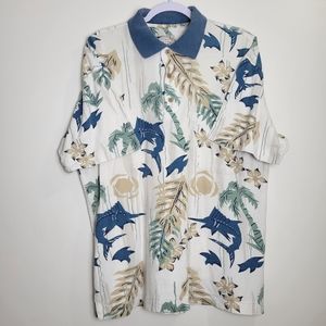 VTG Bluewater Wear Men's Shark Leaf Hawaiian Polo Shirts Size‎ M